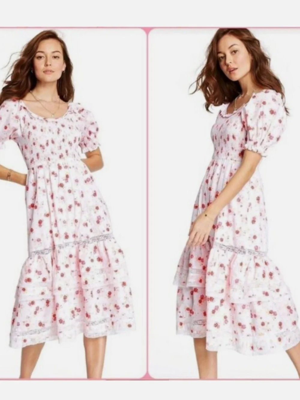 LoveShackFancy White and Pink Floral Smocked Midi Dress - Picture 1 of 6